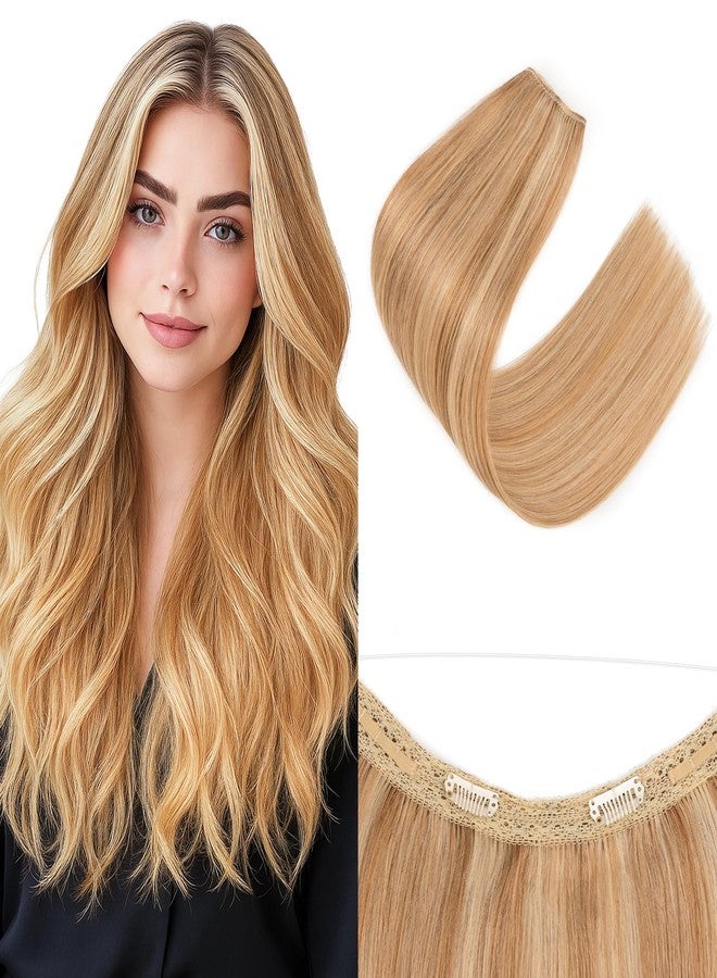 SEGO Halo Hair Extensions, Adjustable Invisible Wire Extensions, Real Human Hair, 2 Clips for Women Transparent Fish Line Extensions, Add Length Volume, 12 inches, Golden Brown Mixed Bleach Blonde - Image 1